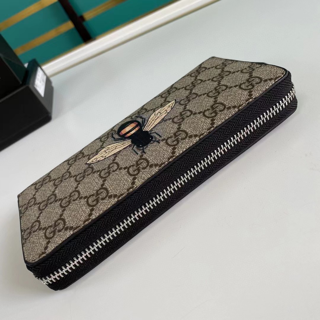 Gucci Bee Print GG Supreme Zip Around Wallet (19*10.5*2.5cm) - DopestKickz