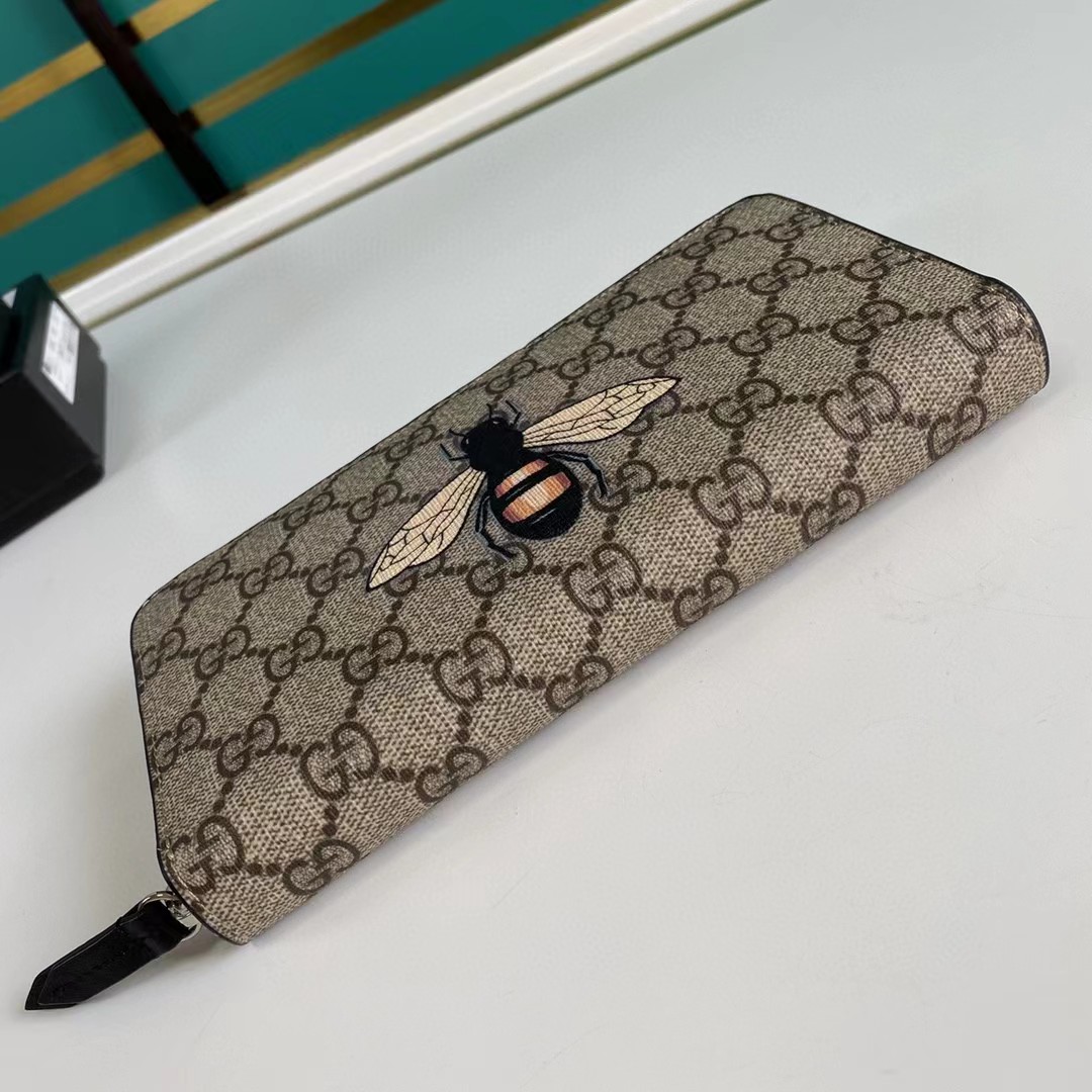 Gucci Bee Print GG Supreme Zip Around Wallet (19*10.5*2.5cm) - DopestKickz