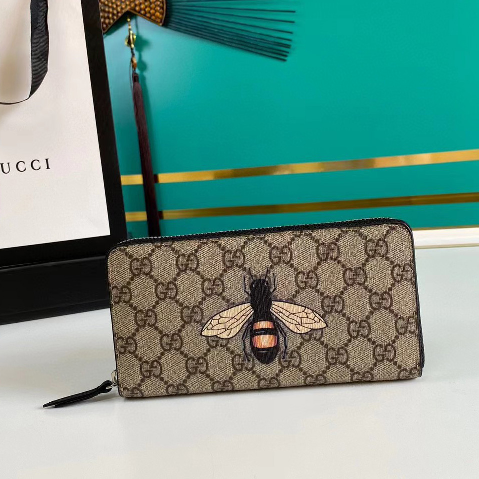 Gucci Bee Print GG Supreme Zip Around Wallet (19*10.5*2.5cm) - DopestKickz
