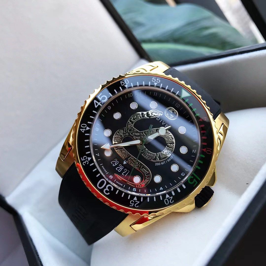 Gucci Dive Gold Tone Black Dial Rubber Strap Men's Watch - DopestKickz