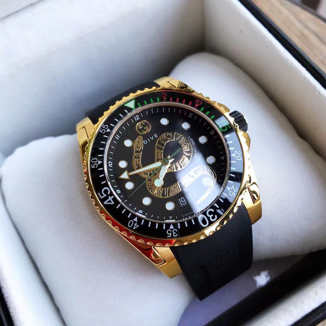 Gucci Dive Gold Tone Black Dial Rubber Strap Men's Watch - DopestKickz