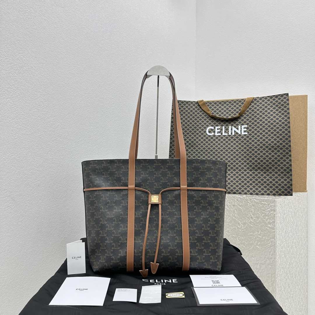 Celine Cabas Drawstring In Triomphe Canvas And Calfskin Tan - DopestKickz