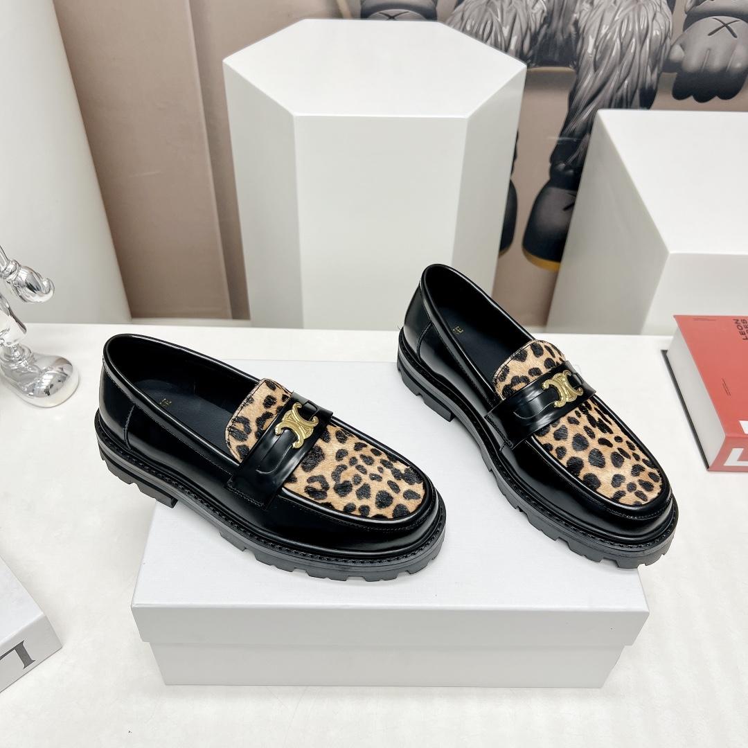 Celine Margaret Loafer With Triomphe In Polished Bull & Leopard Printed Hairy Calfskin Cal - DopestKickz
