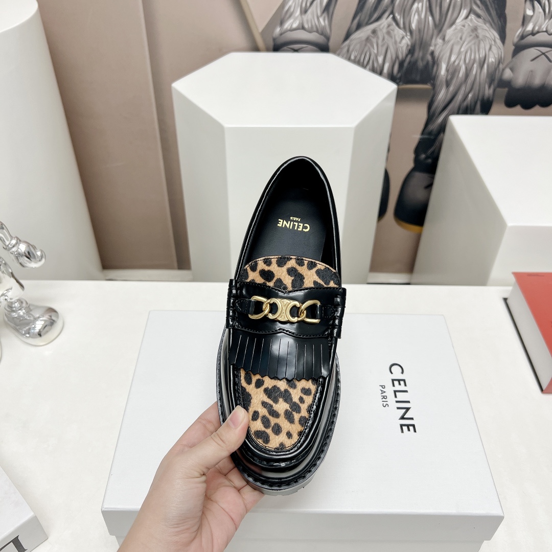 Celine Margaret Loafer With Triomphe In Polished Bull & Leopard Printed Hairy Calfskin Cal - DopestKickz