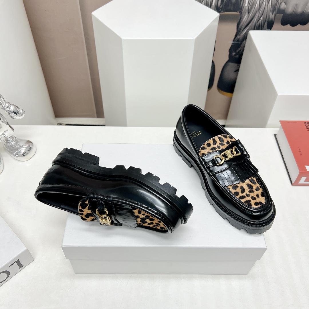 Celine Margaret Loafer With Triomphe In Polished Bull & Leopard Printed Hairy Calfskin Cal - DopestKickz