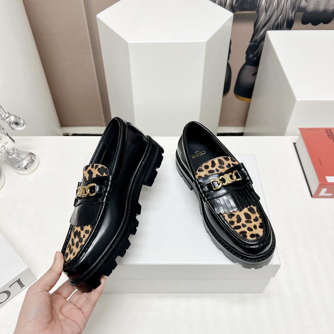 Celine Margaret Loafer With Triomphe In Polished Bull & Leopard Printed Hairy Calfskin Cal - DopestKickz