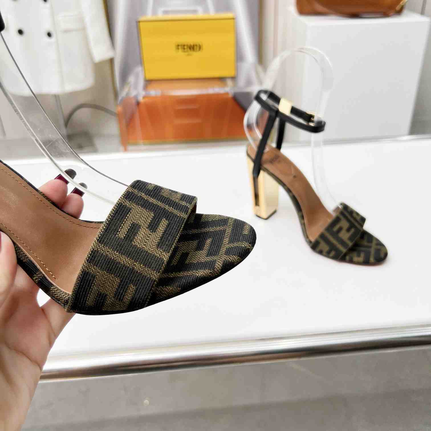 Fendi Delfina Brown Fabric High-heeled Sandals - DopestKickz