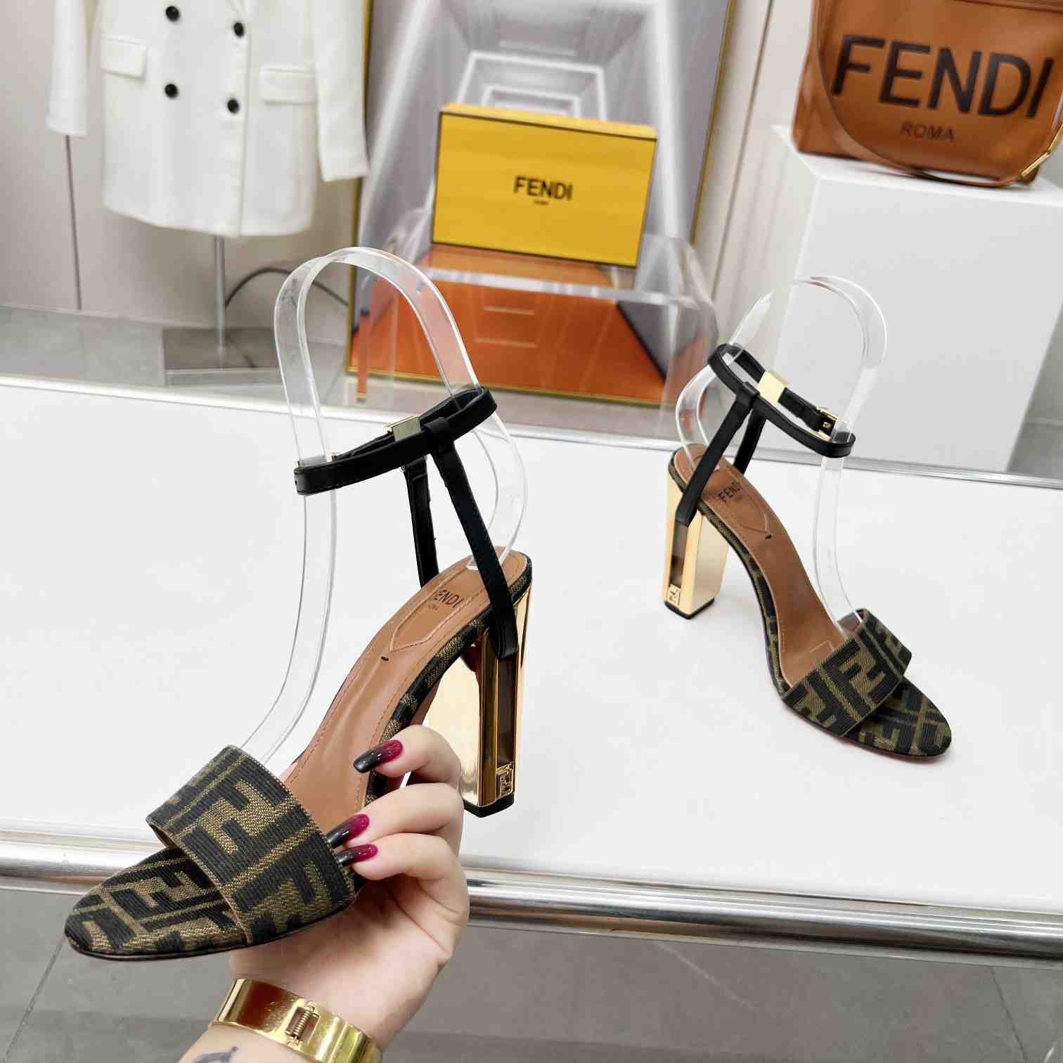 Fendi Delfina Brown Fabric High-heeled Sandals - DopestKickz
