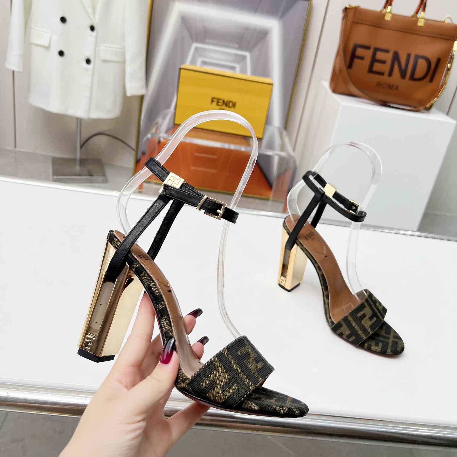 Fendi Delfina Brown Fabric High-heeled Sandals - DopestKickz