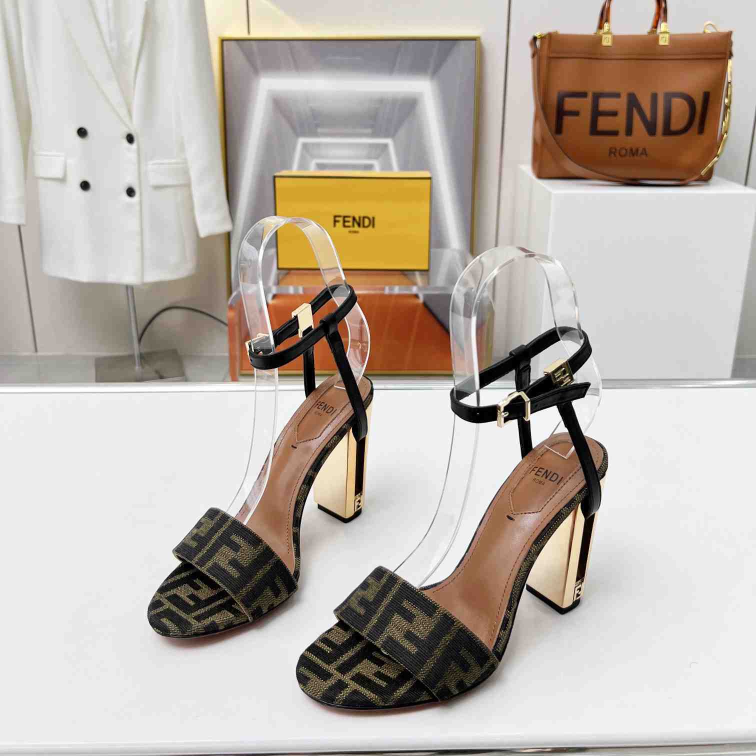 Fendi Delfina Brown Fabric High-heeled Sandals - DopestKickz