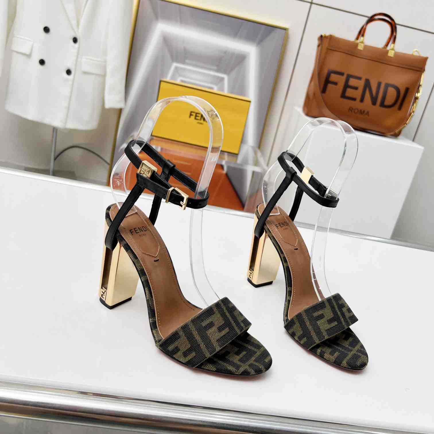 Fendi Delfina Brown Fabric High-heeled Sandals - DopestKickz