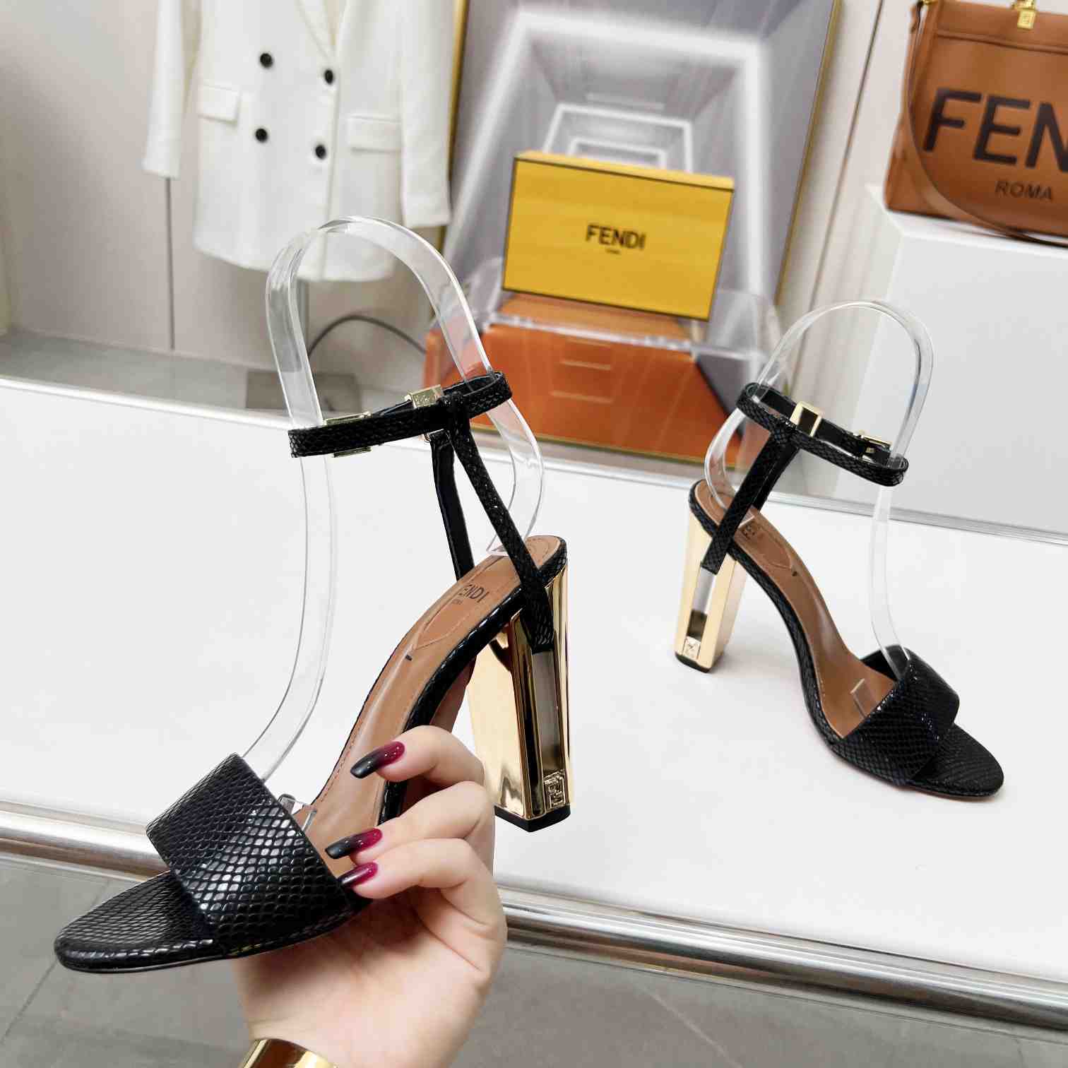Fendi Delfina Black karung High-heeled Sandals - DopestKickz