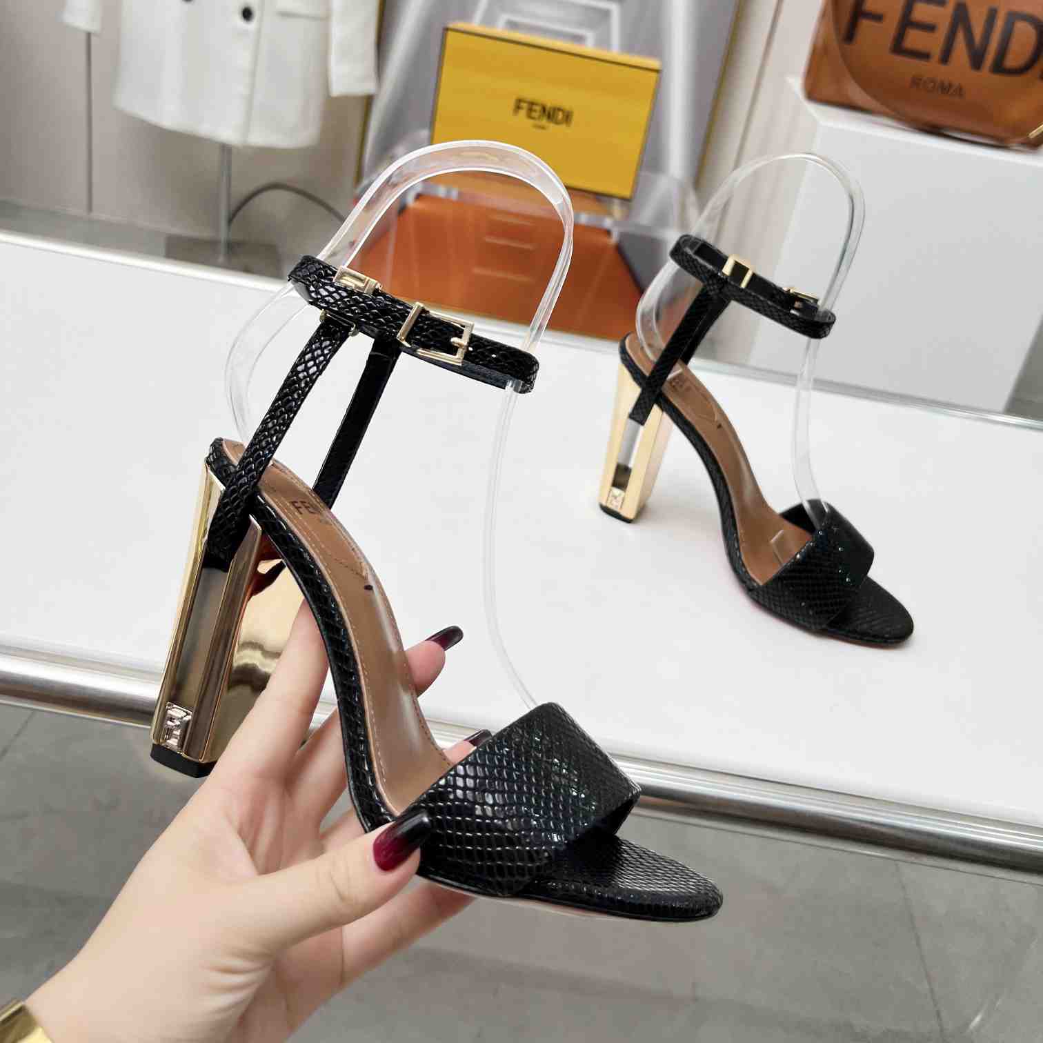 Fendi Delfina Black karung High-heeled Sandals - DopestKickz