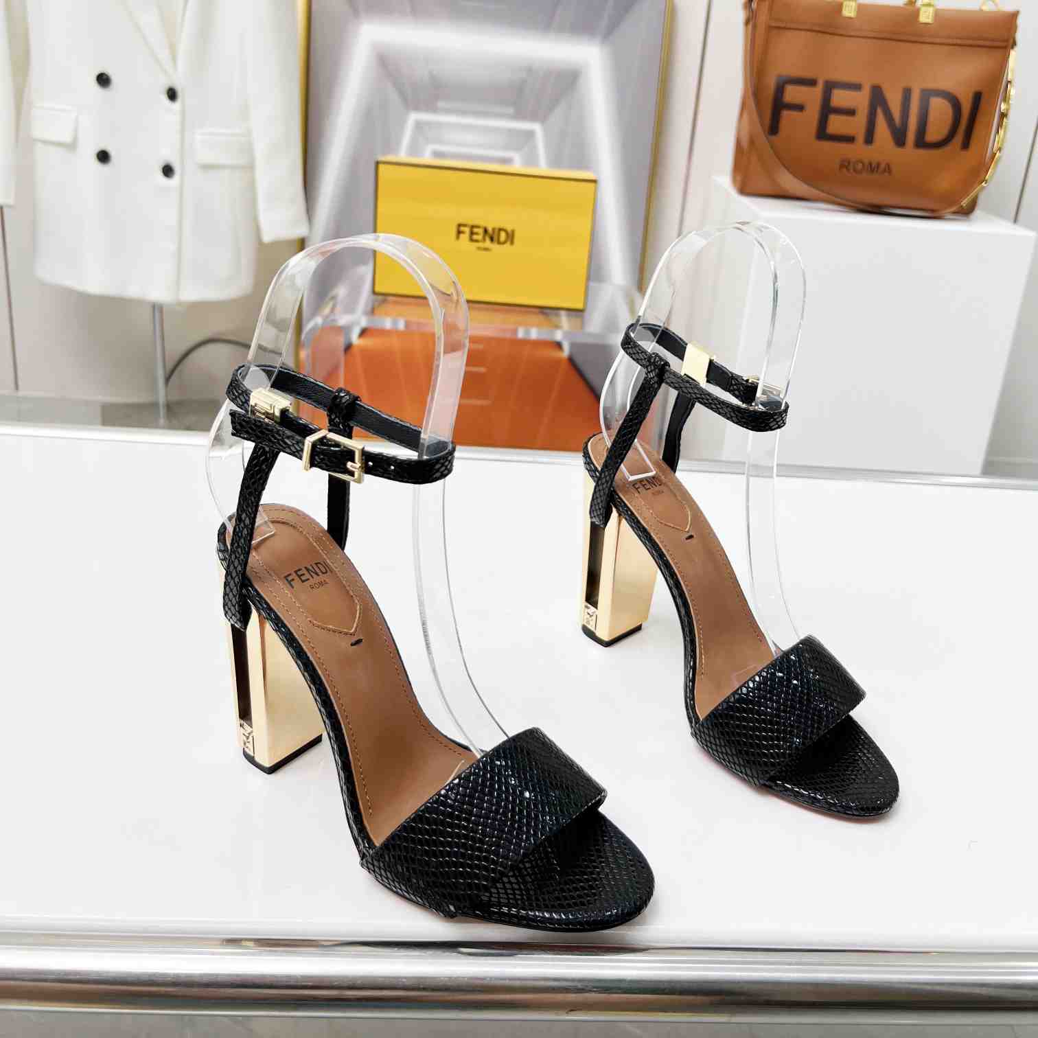 Fendi Delfina Black karung High-heeled Sandals - DopestKickz