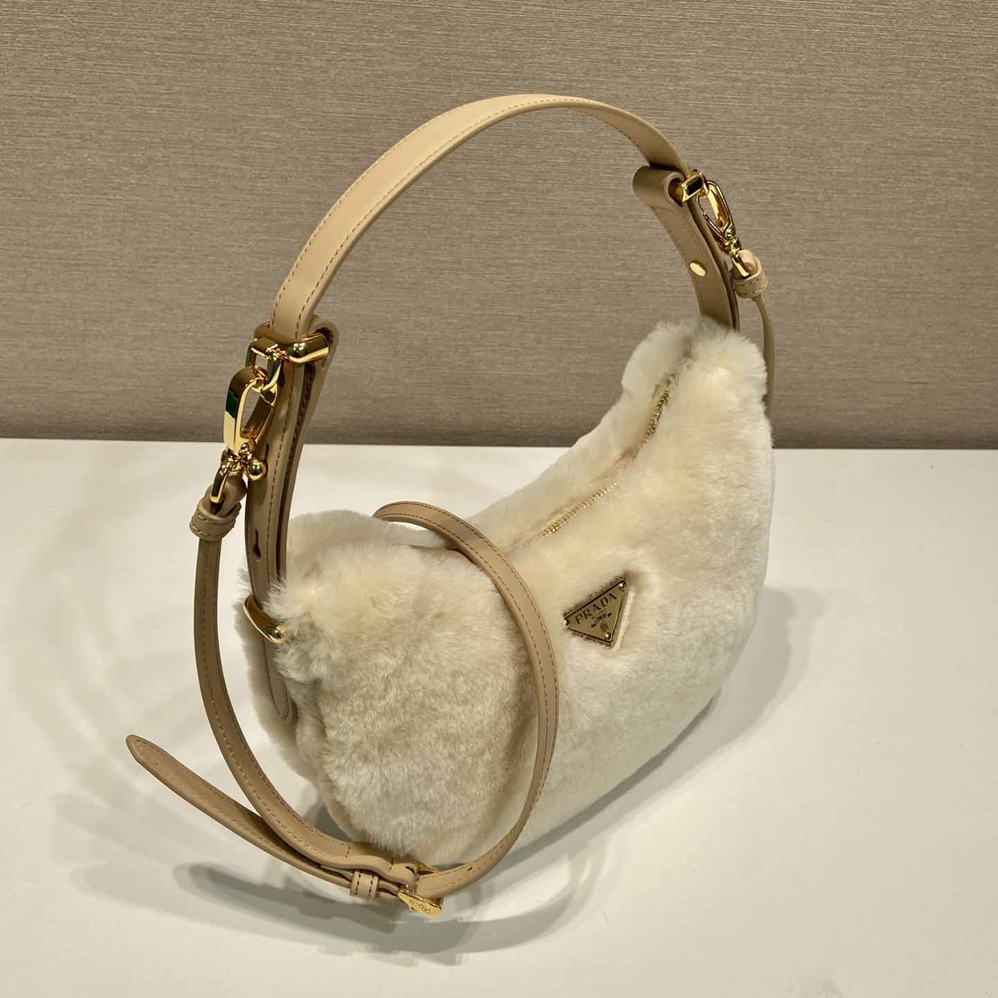 Prada Arqué Shearling And Leather Shoulder Bag - DopestKickz