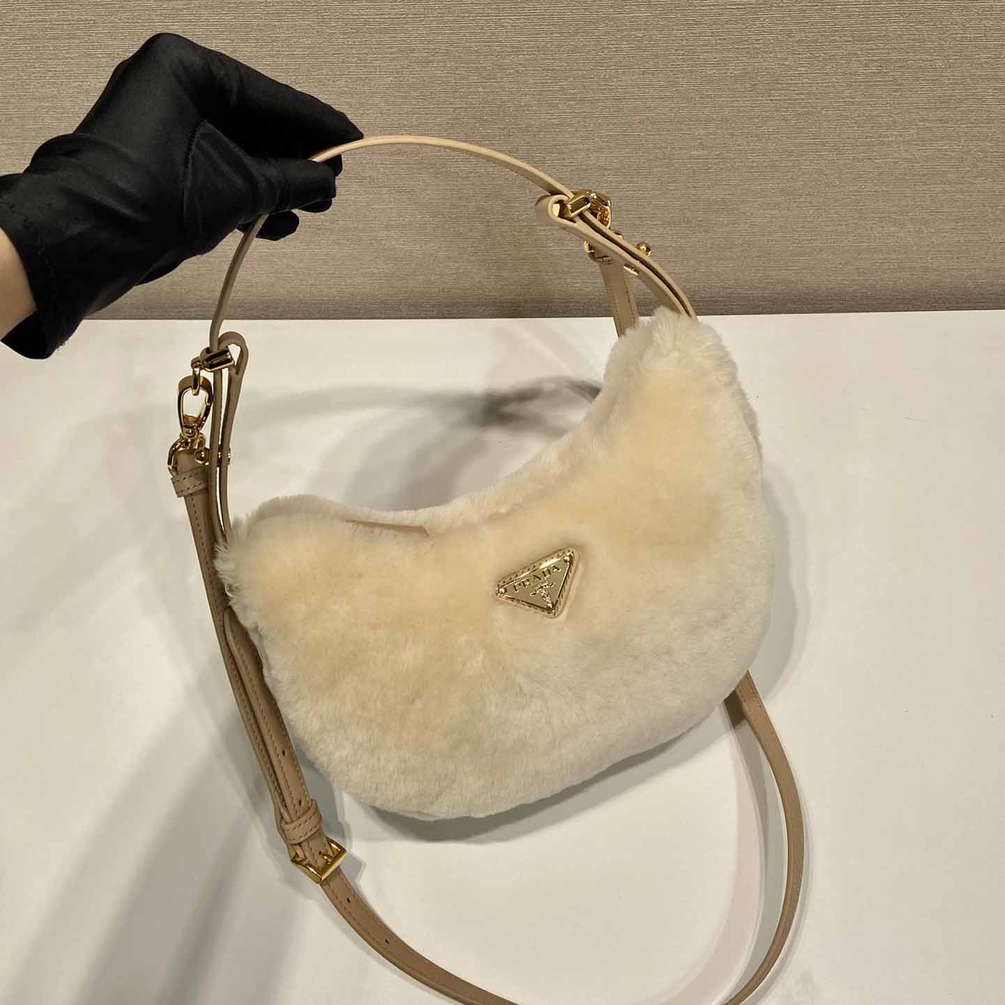 Prada Arqué Shearling And Leather Shoulder Bag - DopestKickz
