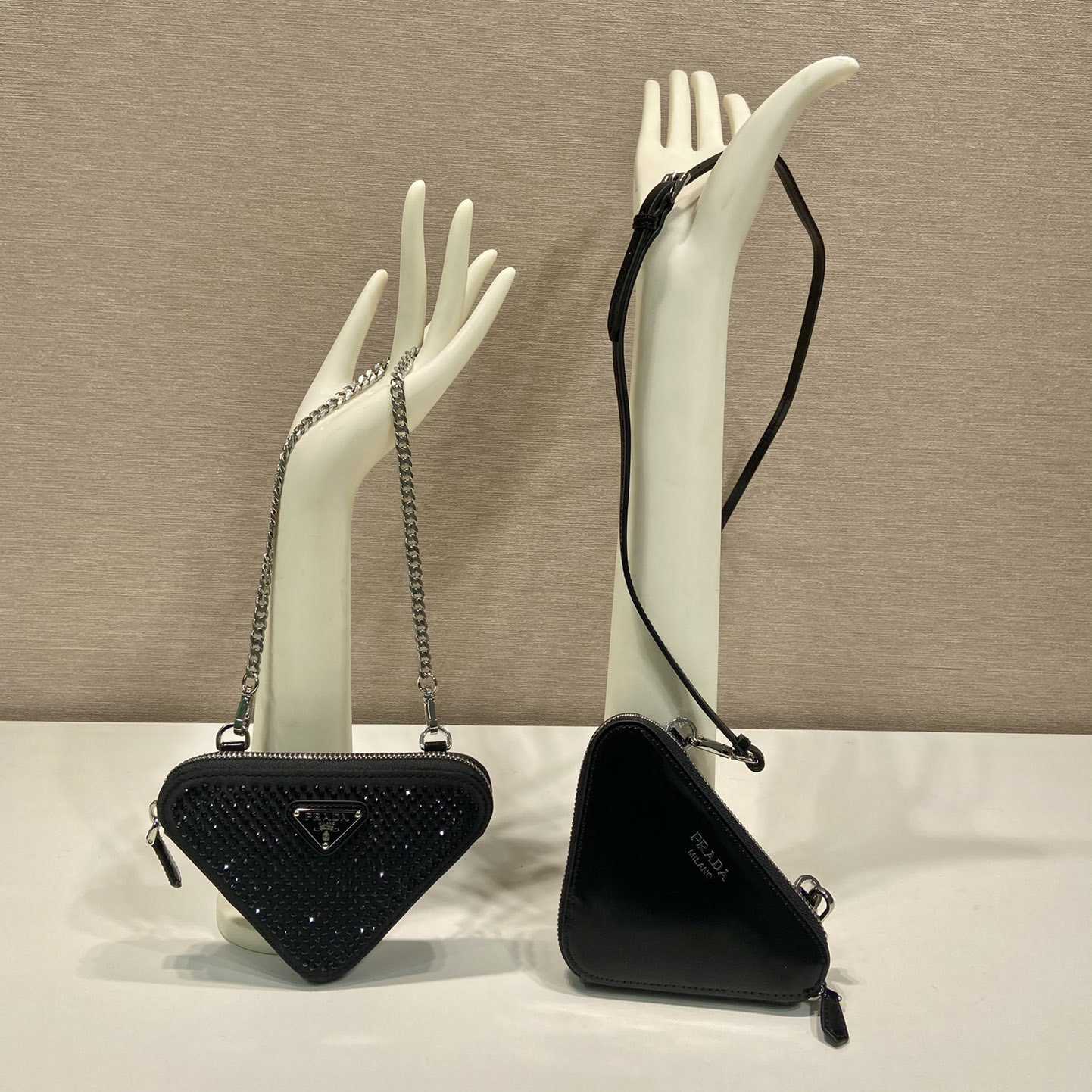 Prada Triangular Embellished Satin And Leather Mini-pouch - DopestKickz