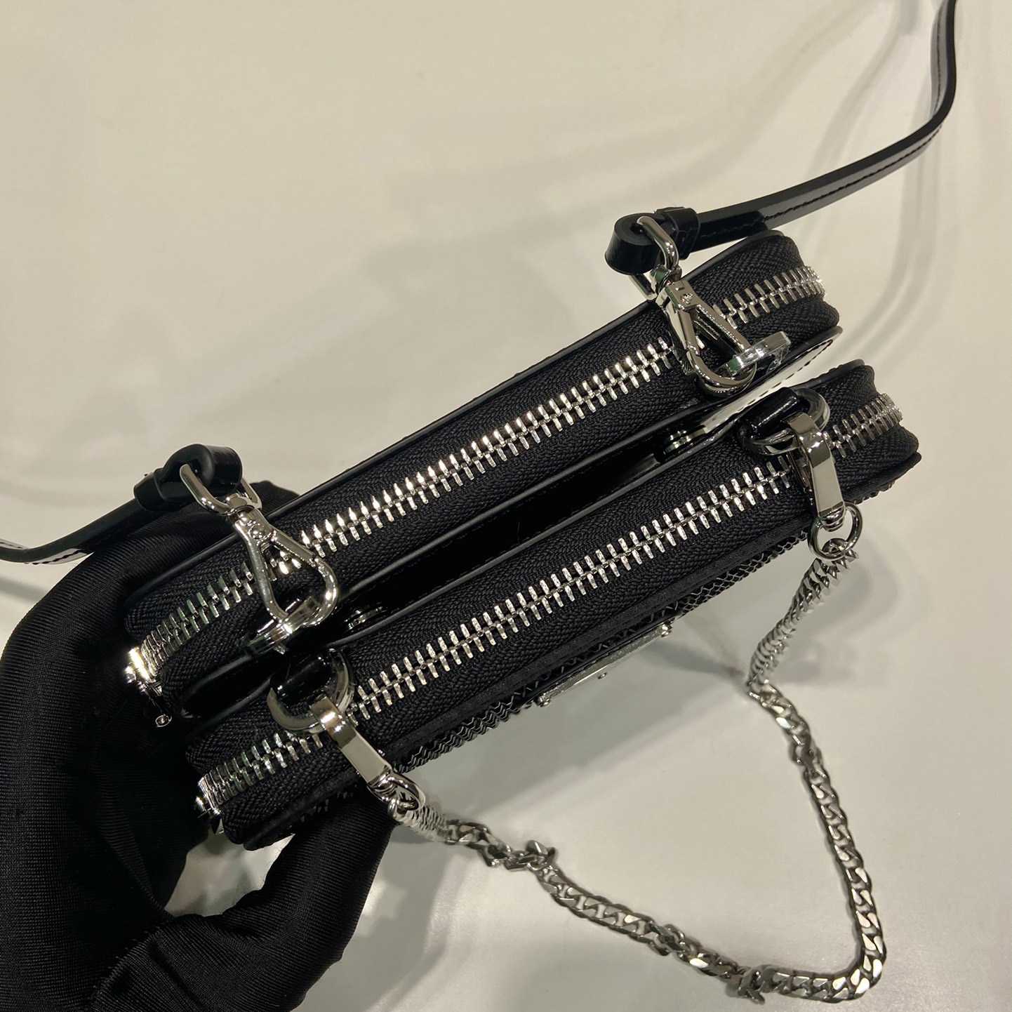 Prada Triangular Embellished Satin And Leather Mini-pouch - DopestKickz