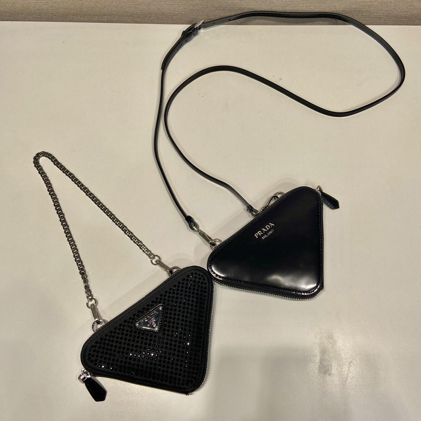 Prada Triangular Embellished Satin And Leather Mini-pouch - DopestKickz