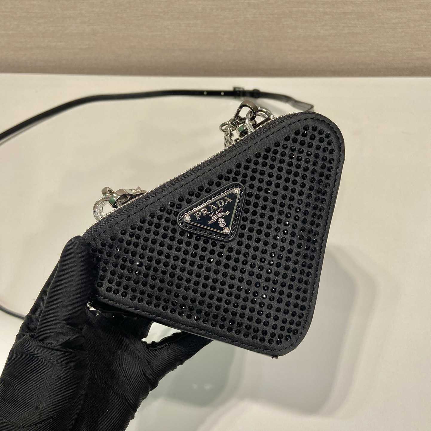 Prada Triangular Embellished Satin And Leather Mini-pouch - DopestKickz