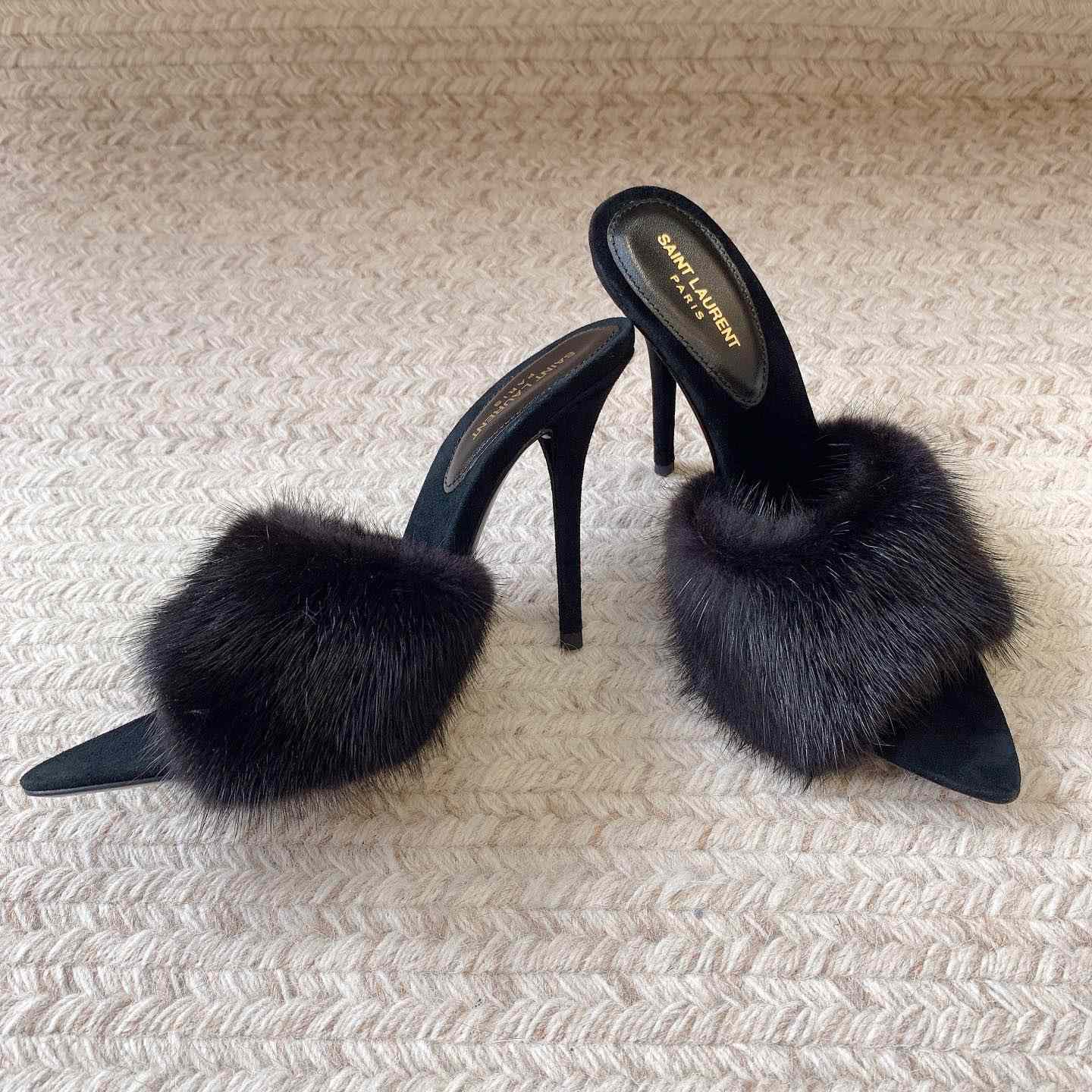 Saint Laurent LA 16 Mules In Animal-Free Fur And Suede  - DopestKickz