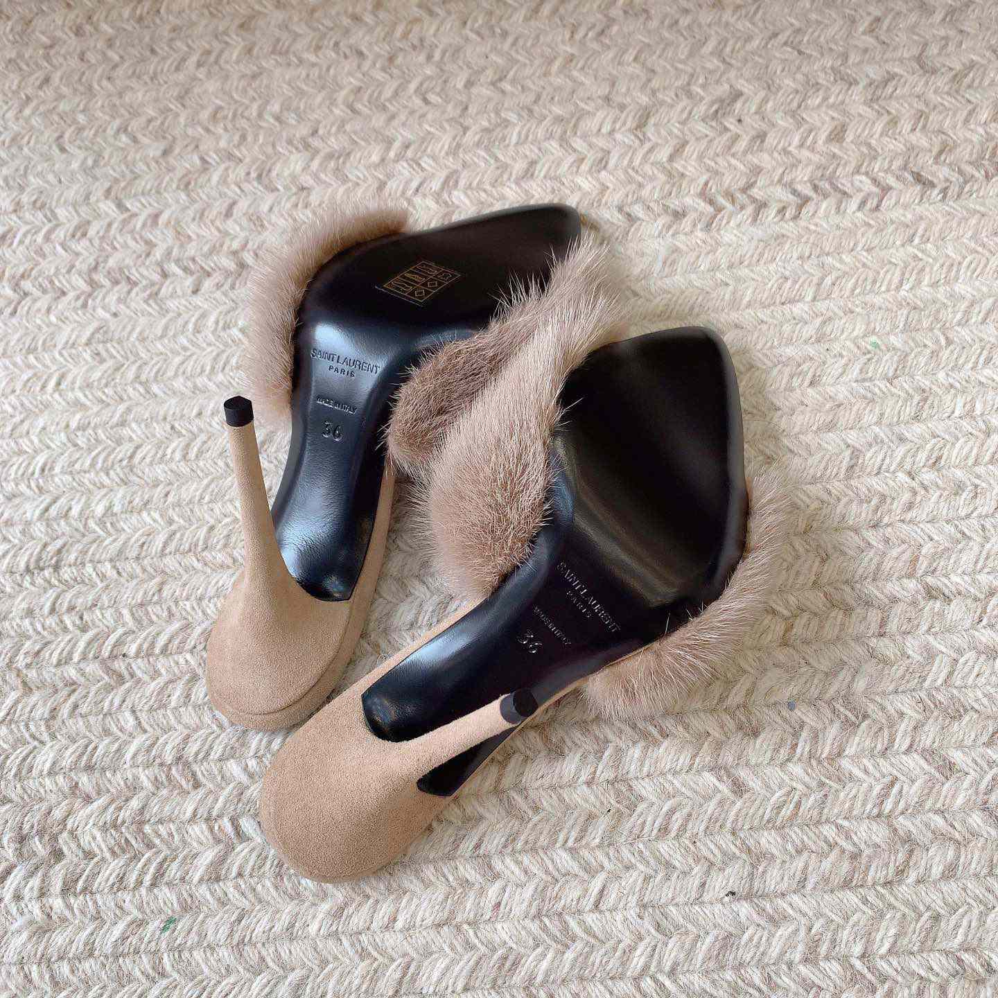 Saint Laurent LA 16 Mules In Animal-Free Fur And Suede  - DopestKickz