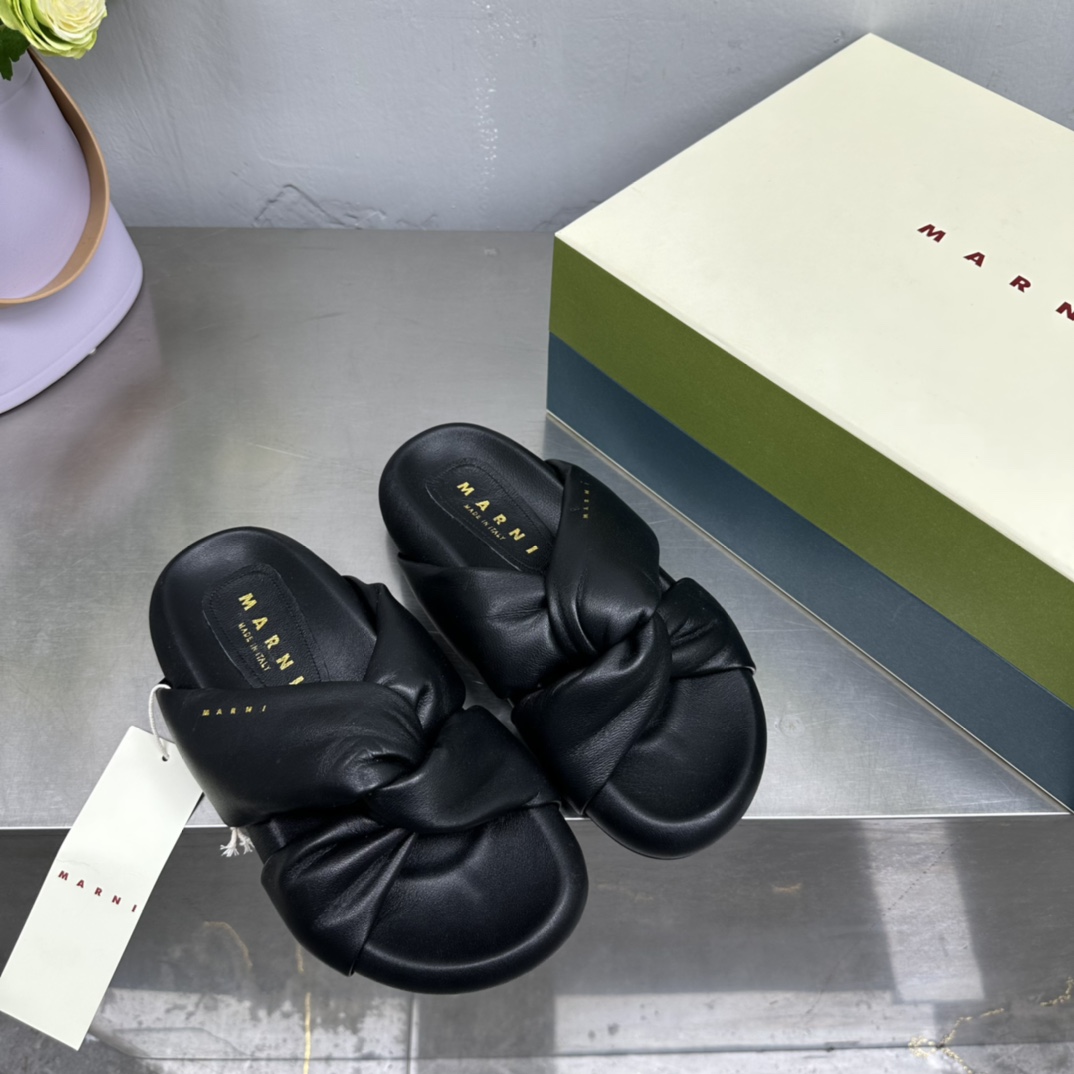 Marni Black Twisted Leather Bubble Sandal - DopestKickz