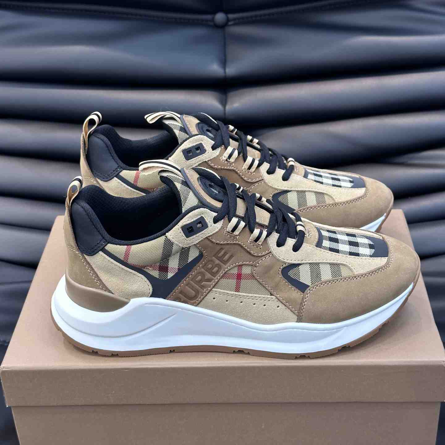 Burberry Beige Leather And Check Print Trainer - DopestKickz