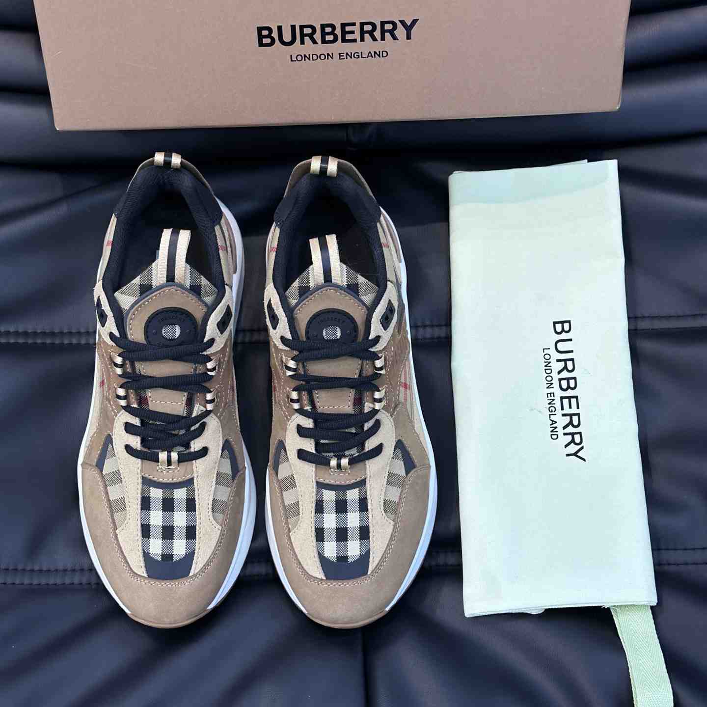 Burberry Beige Leather And Check Print Trainer - DopestKickz
