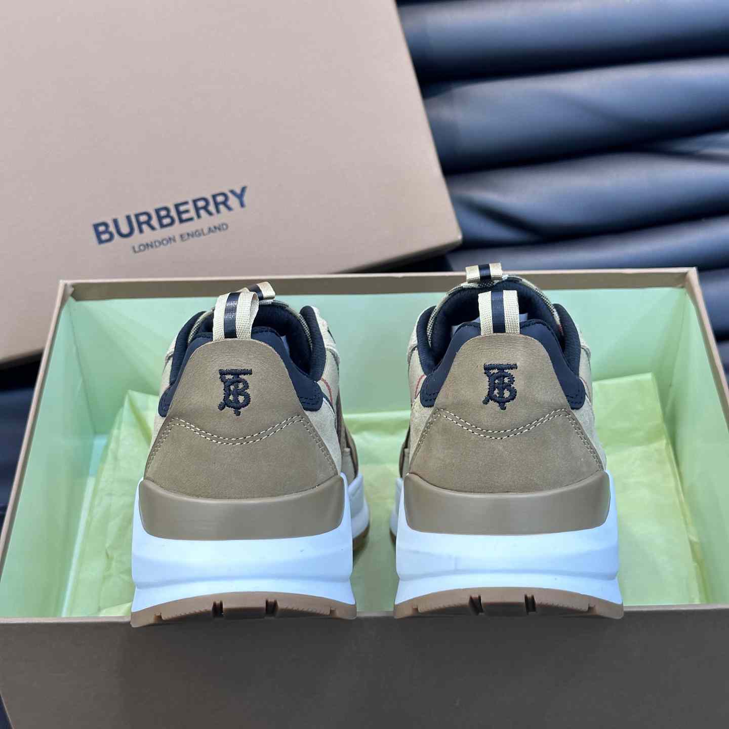 Burberry Beige Leather And Check Print Trainer - DopestKickz