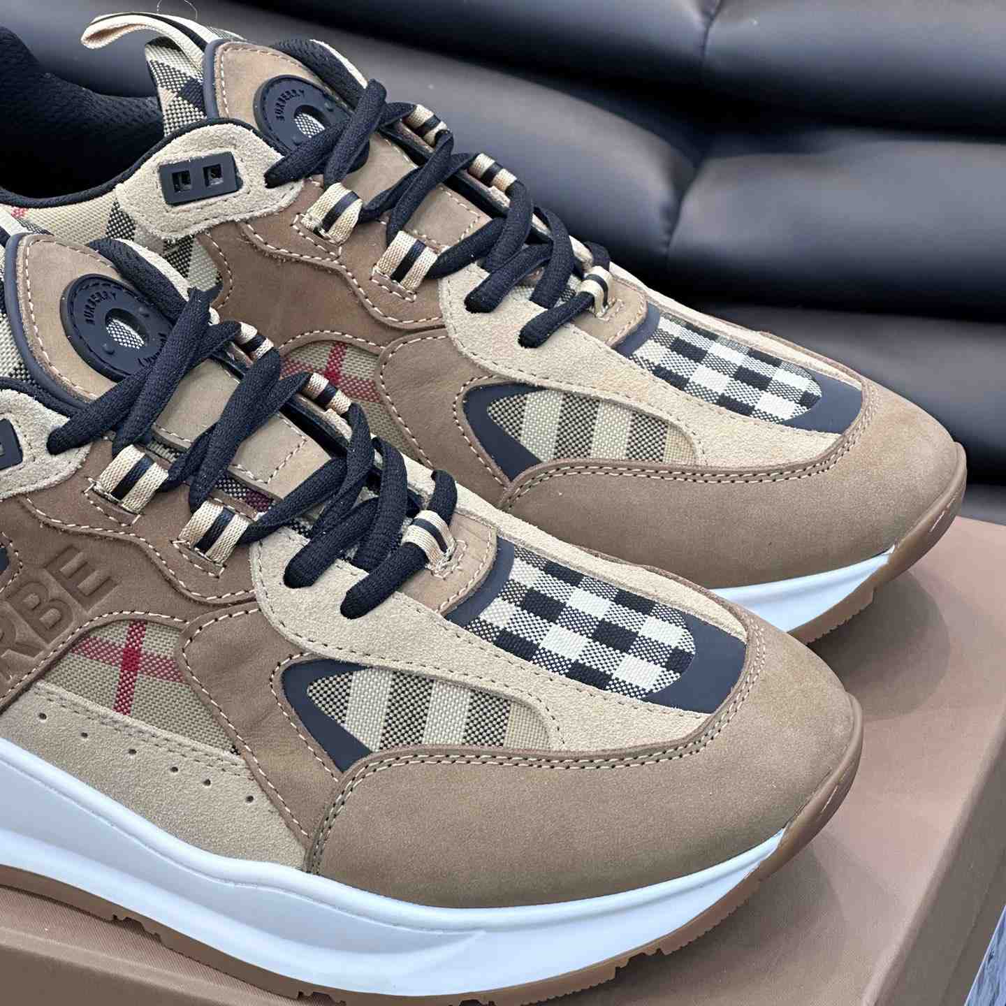 Burberry Beige Leather And Check Print Trainer - DopestKickz