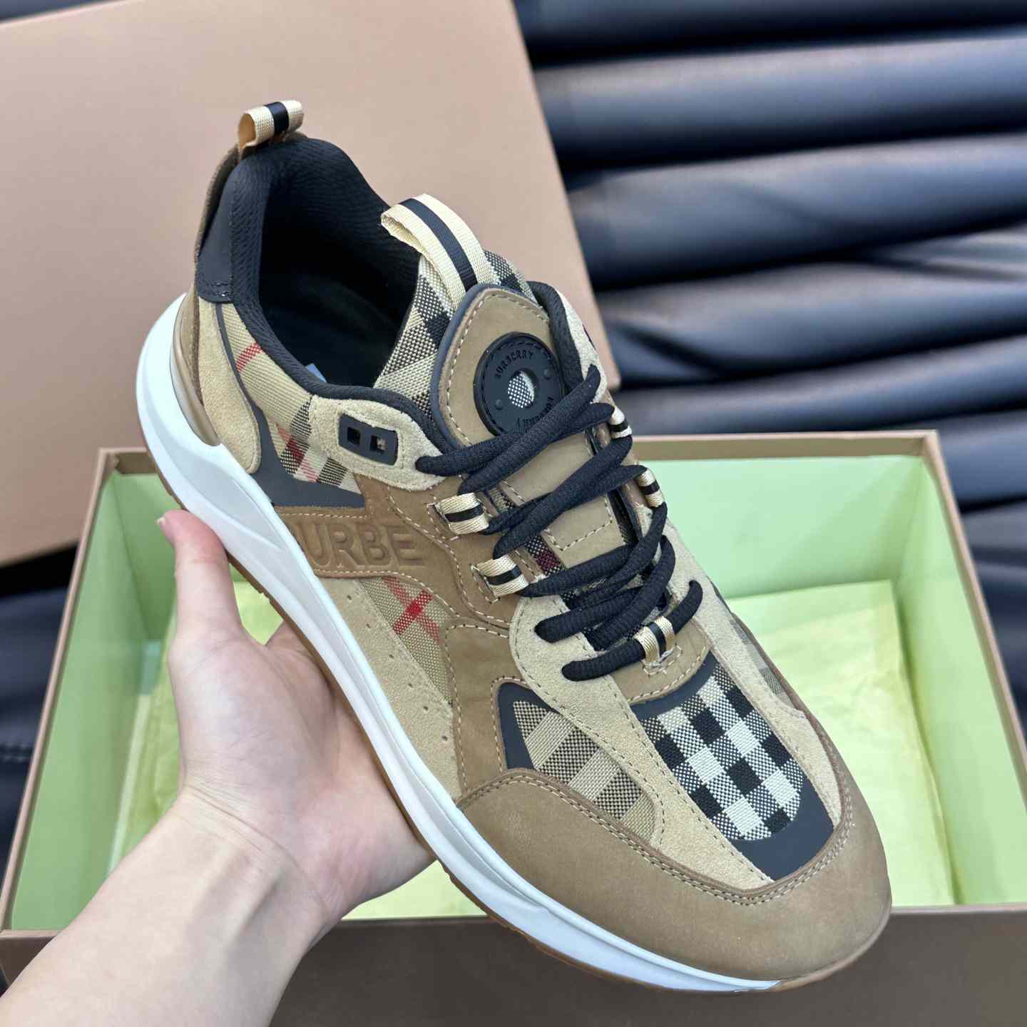 Burberry Beige Leather And Check Print Trainer - DopestKickz