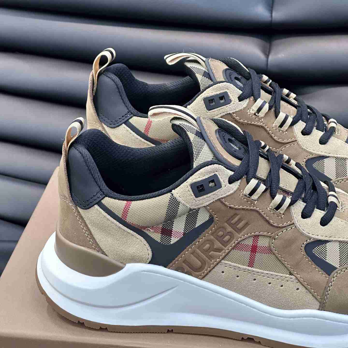 Burberry Beige Leather And Check Print Trainer - DopestKickz