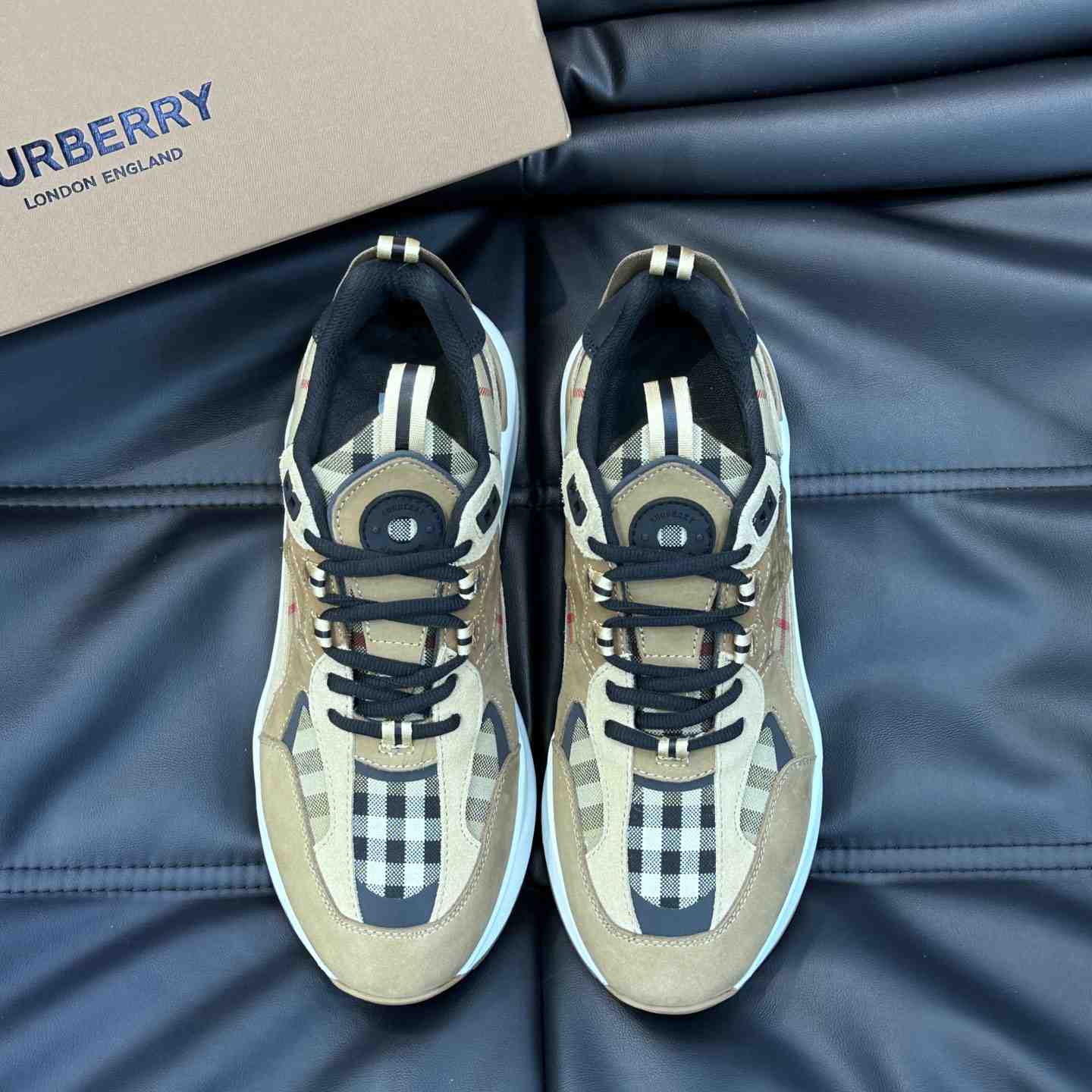 Burberry Beige Leather And Check Print Trainer - DopestKickz
