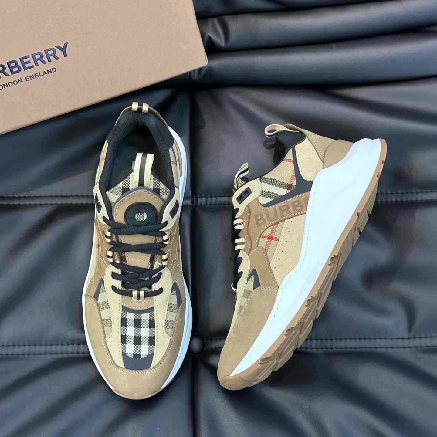Burberry Beige Leather And Check Print Trainer - DopestKickz