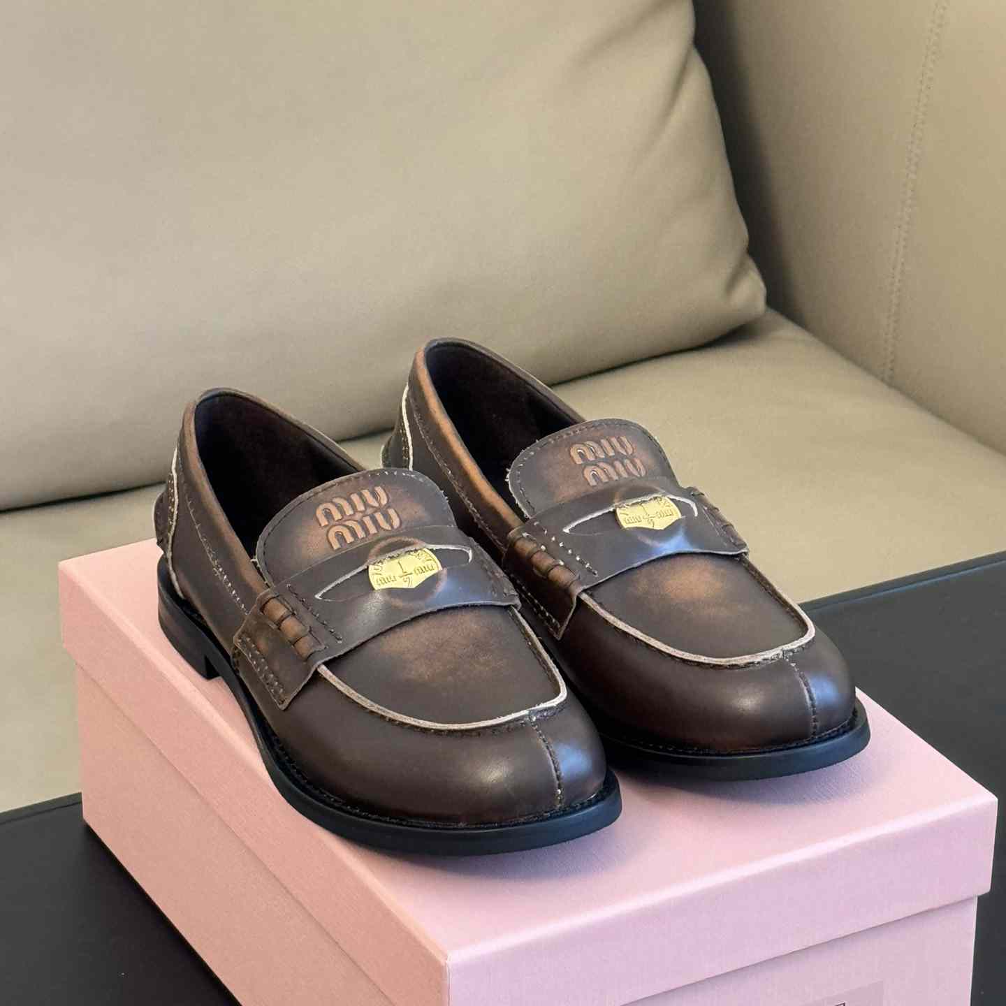 Miu Miu Vintage-effect Leather Penny Loafers - DopestKickz