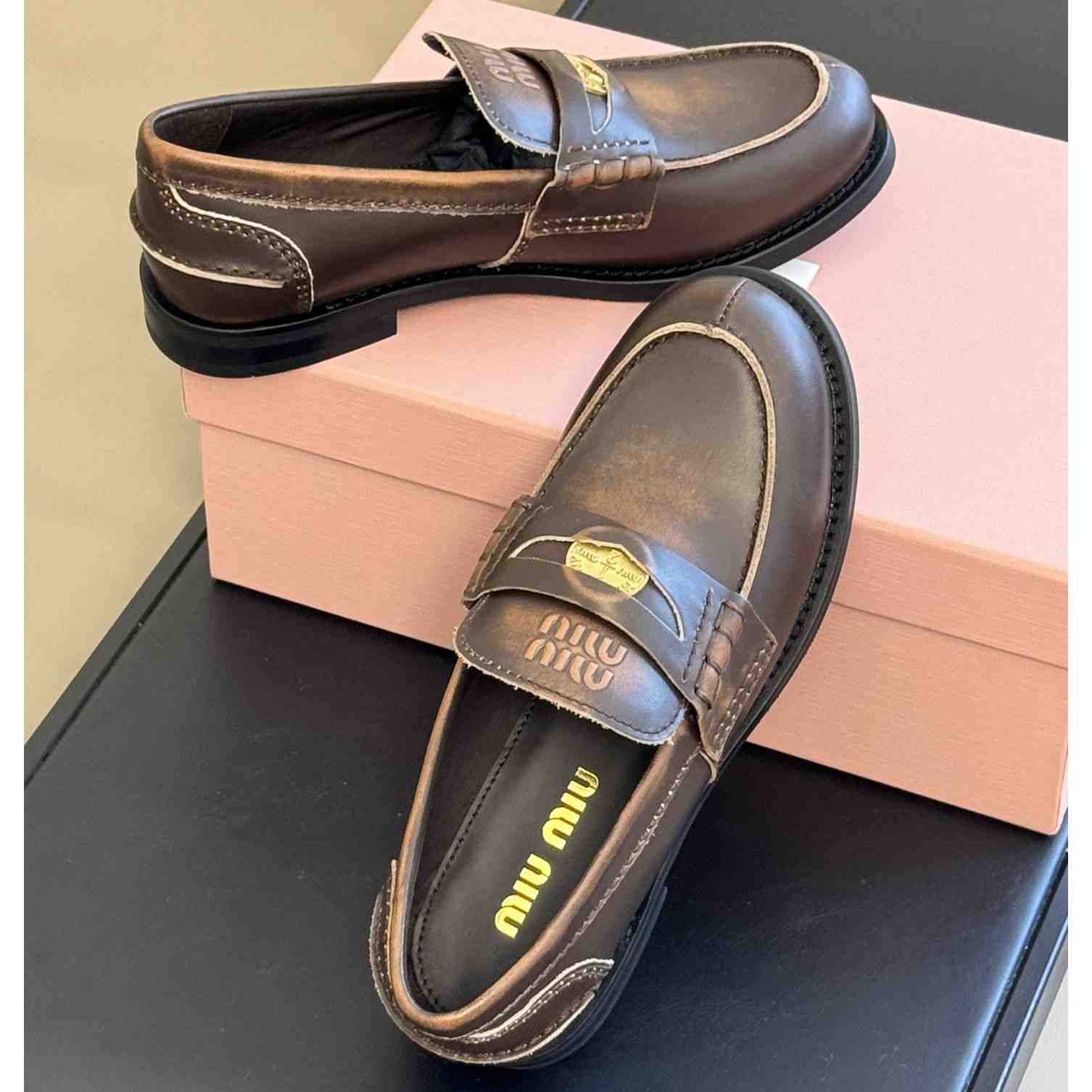 Miu Miu Vintage-effect Leather Penny Loafers - DopestKickz