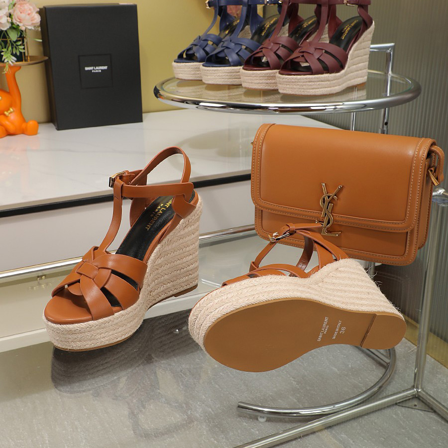 Saint Laurent T-strap Wedge Sandals - DopestKickz
