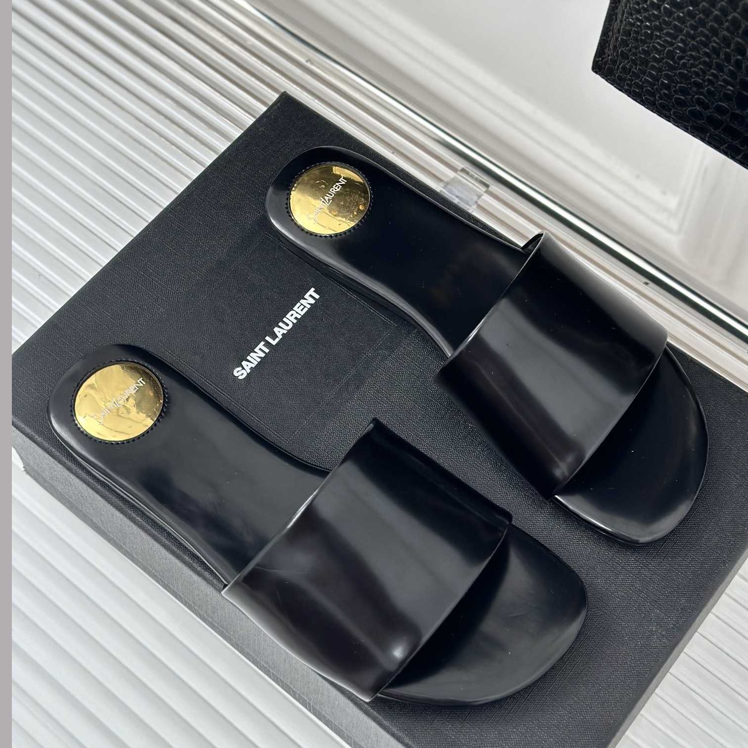 Saint Laurent Carlyle Slides In Glazed Leather - DopestKickz