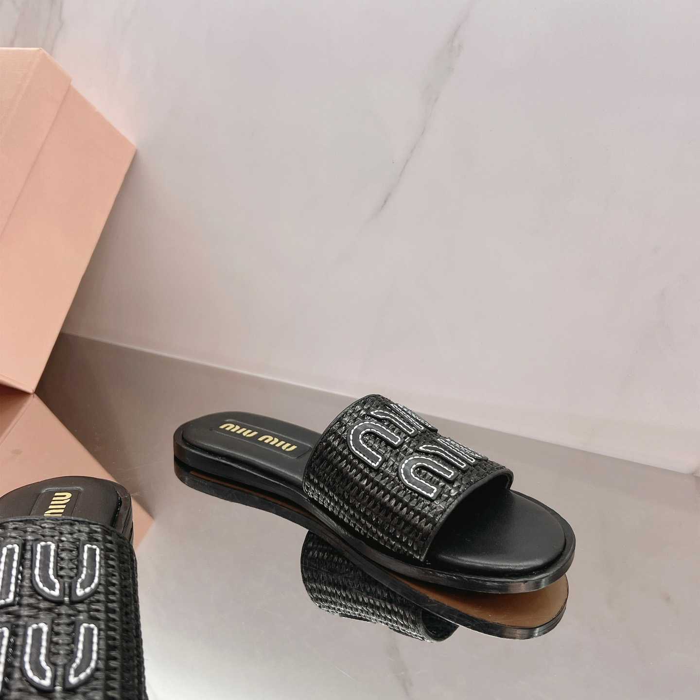 Miu Miu Raffia-effect Woven Fabric Slides - DopestKickz
