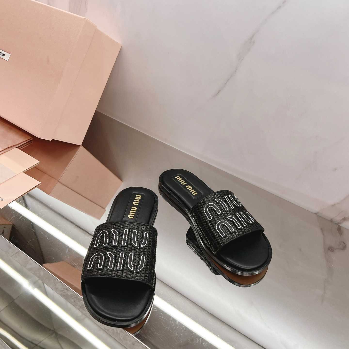 Miu Miu Raffia-effect Woven Fabric Slides - DopestKickz