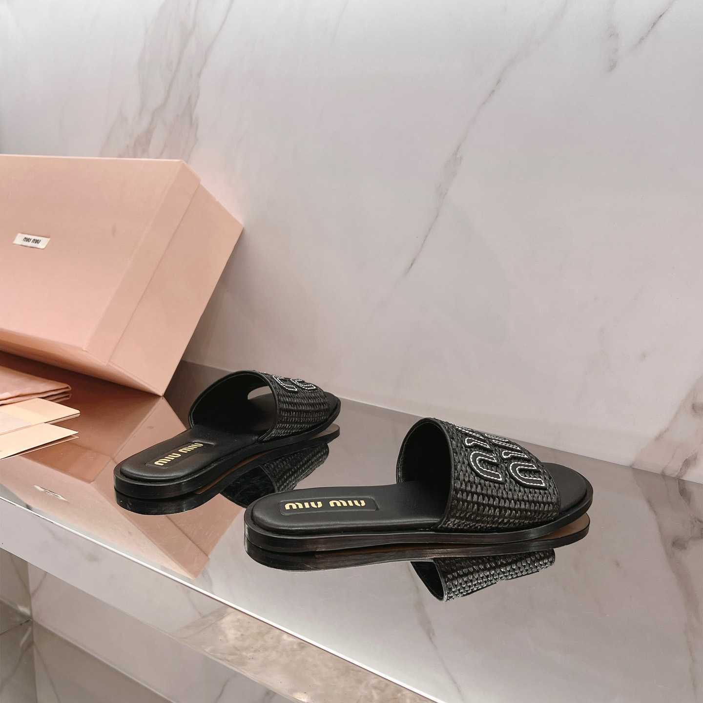 Miu Miu Raffia-effect Woven Fabric Slides - DopestKickz