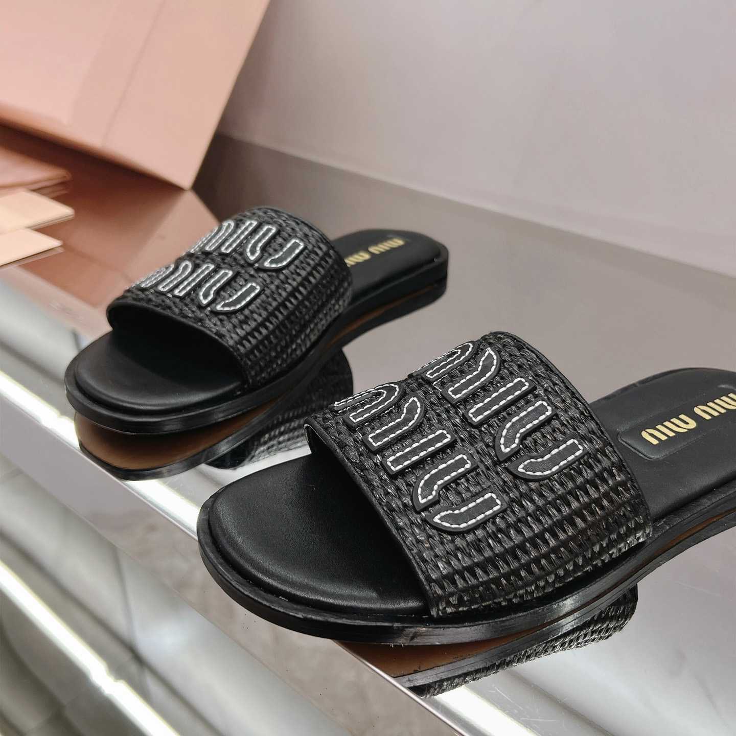 Miu Miu Raffia-effect Woven Fabric Slides - DopestKickz