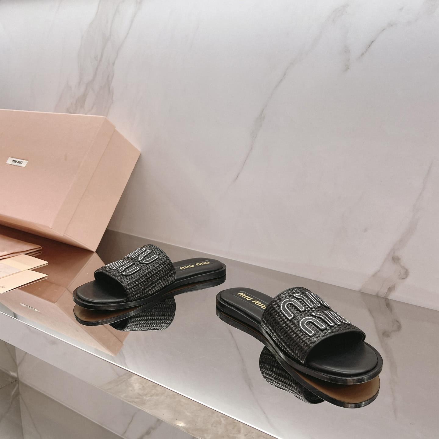 Miu Miu Raffia-effect Woven Fabric Slides - DopestKickz