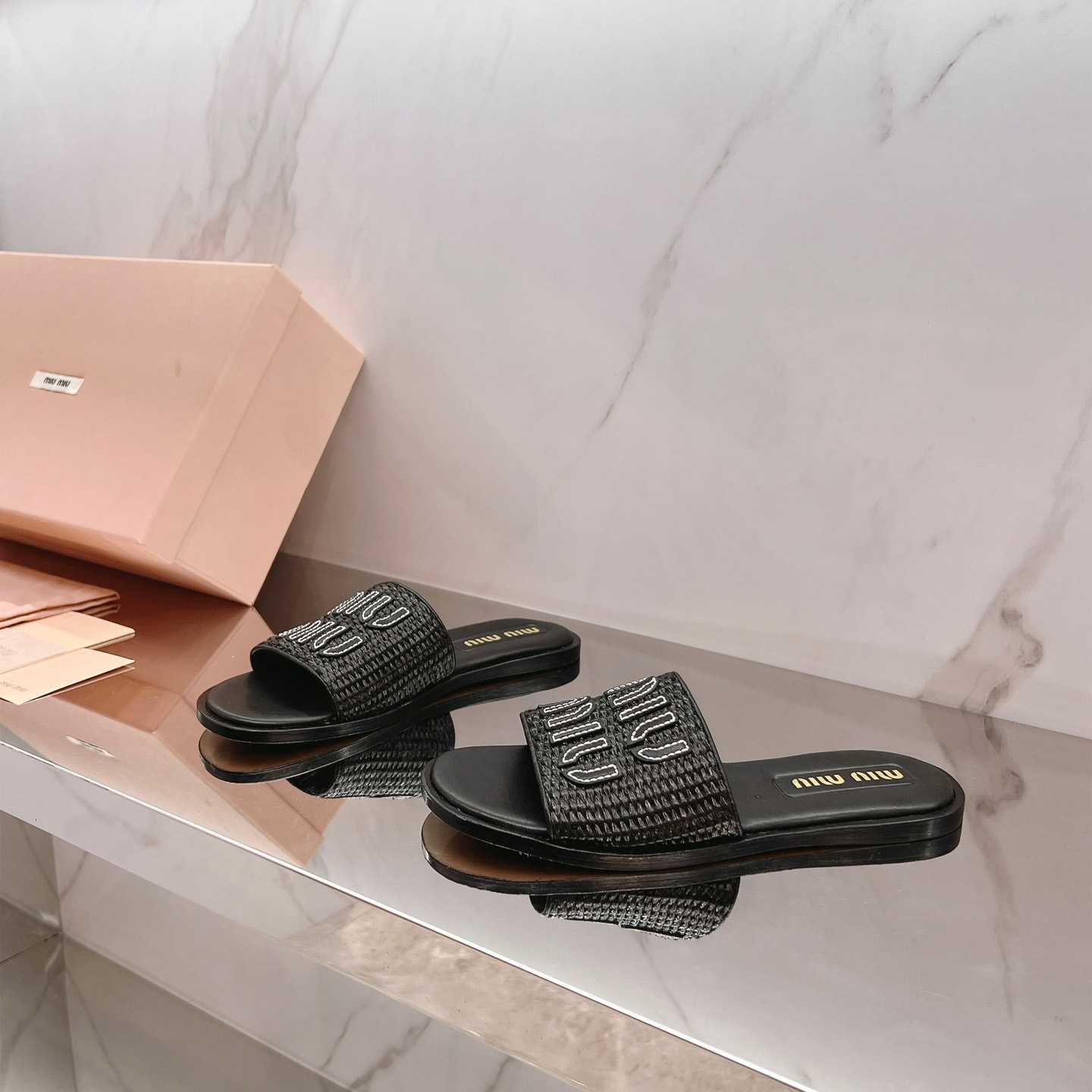 Miu Miu Raffia-effect Woven Fabric Slides - DopestKickz