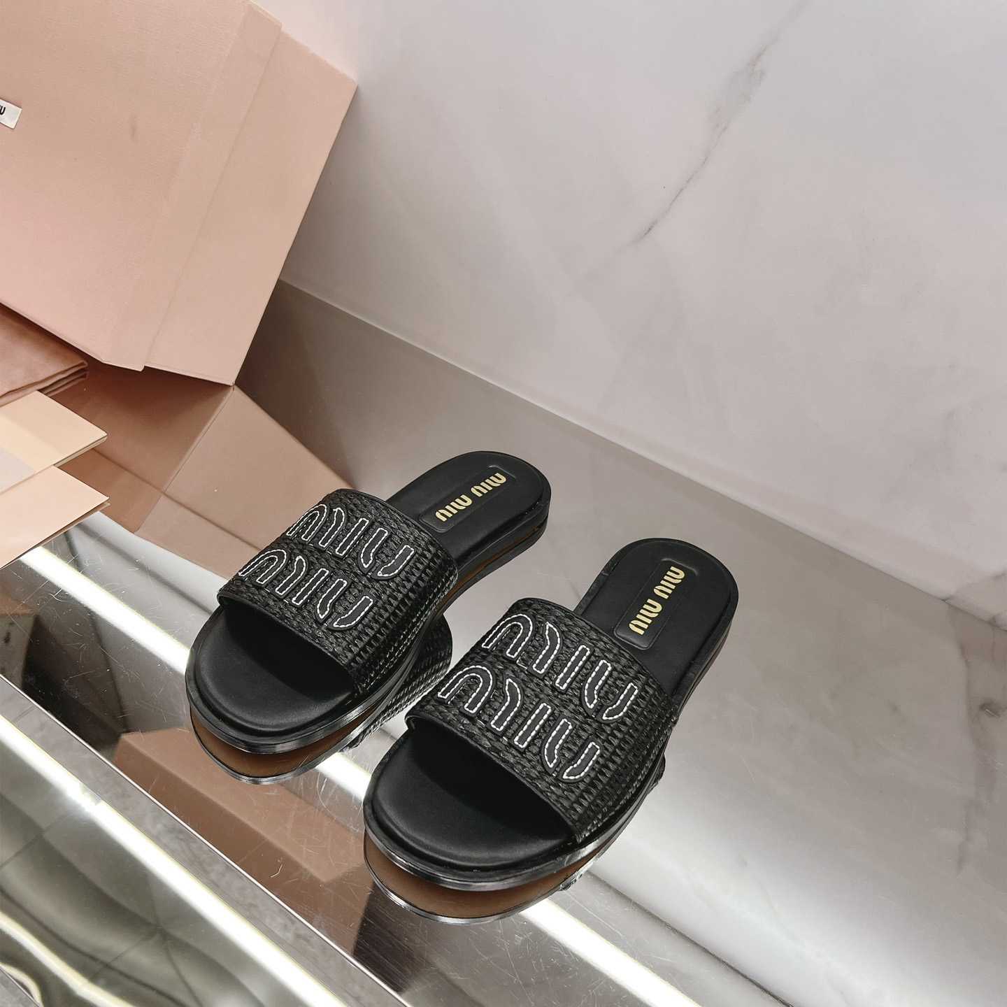 Miu Miu Raffia-effect Woven Fabric Slides - DopestKickz