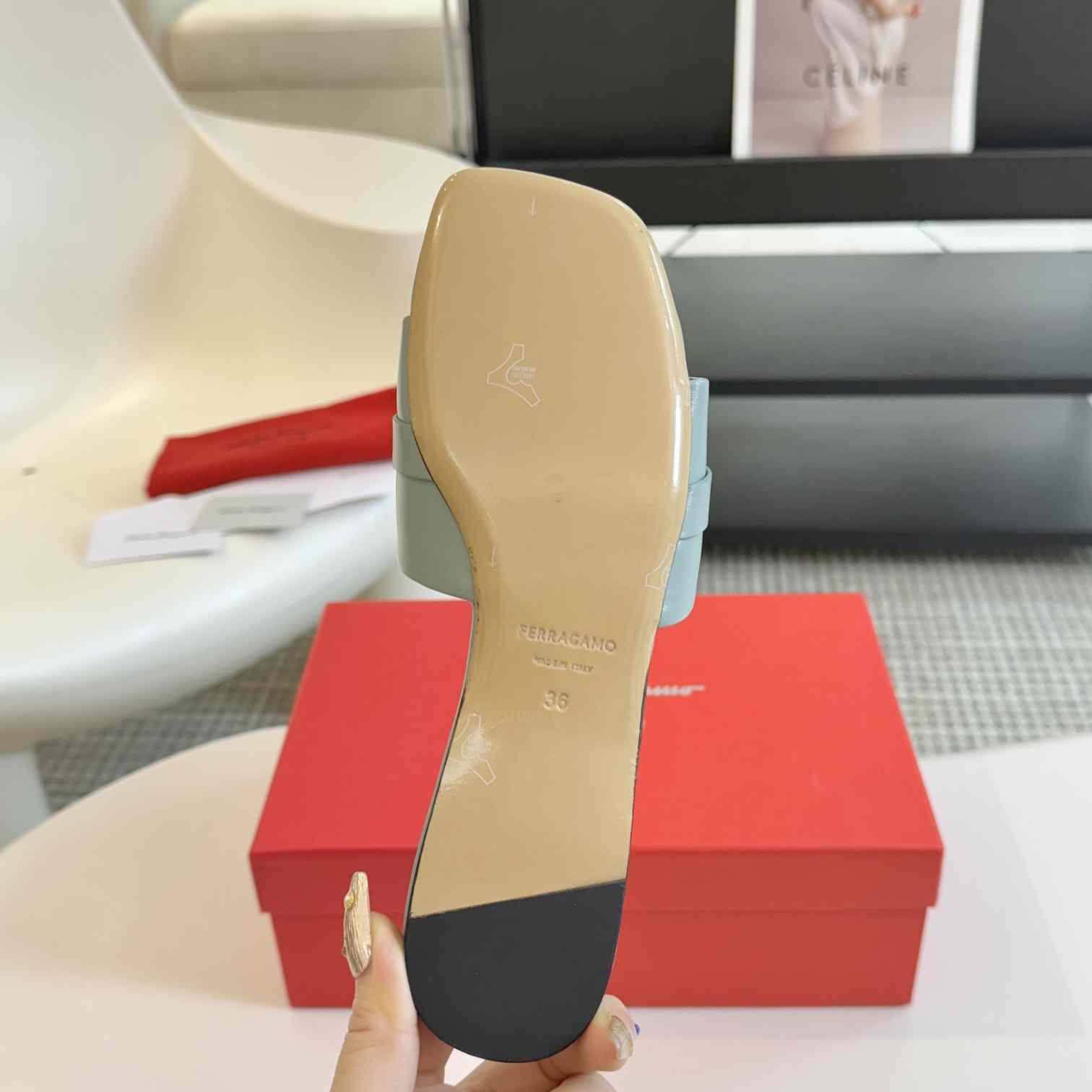 Ferragamo Women's Brown Flat Slide With Gancini Ornament - DopestKickz