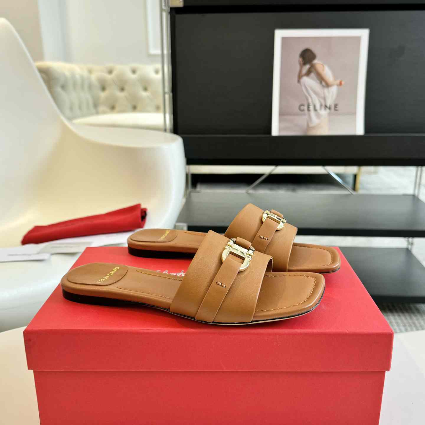 Ferragamo Women's Brown Flat Slide With Gancini Ornament - DopestKickz