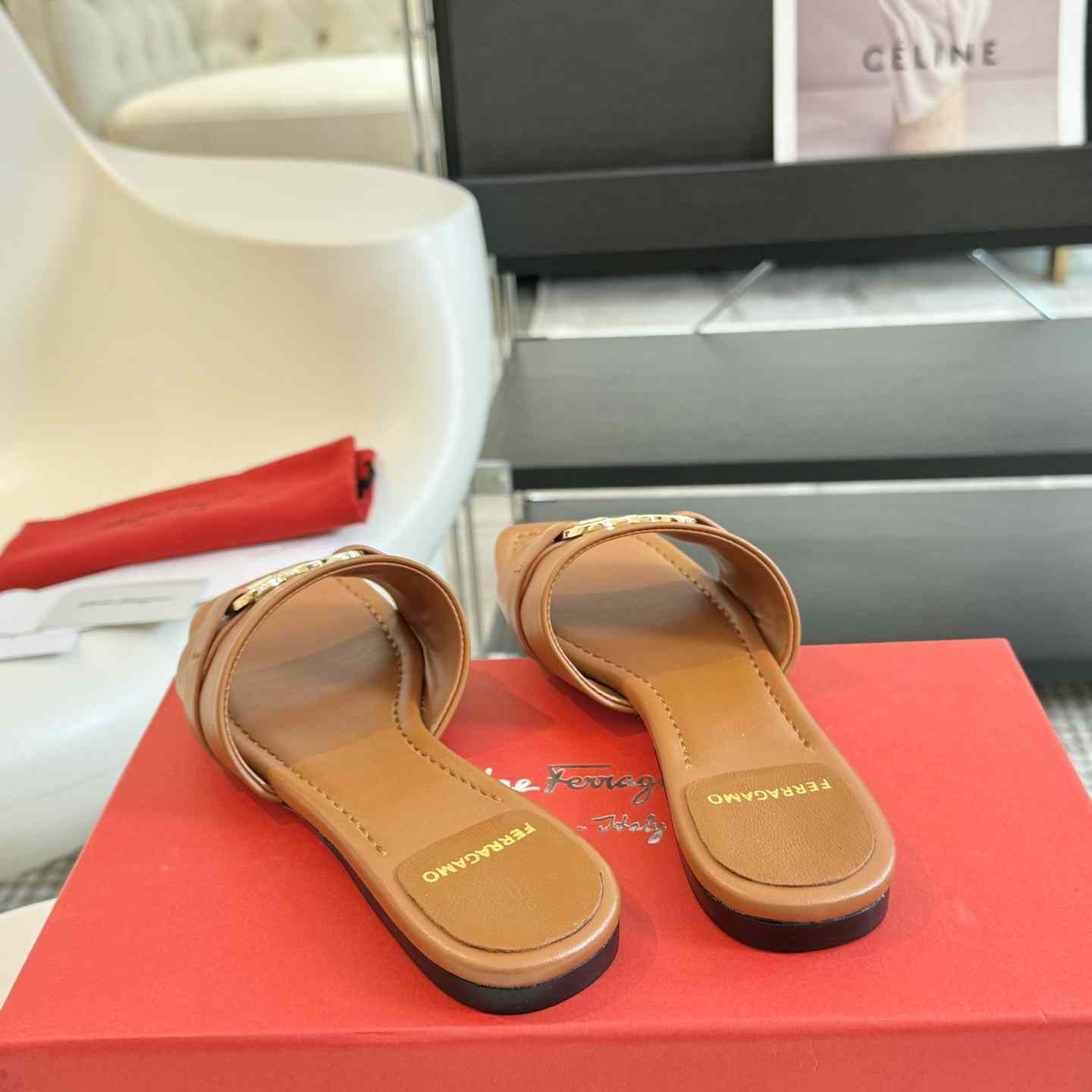 Ferragamo Women's Brown Flat Slide With Gancini Ornament - DopestKickz