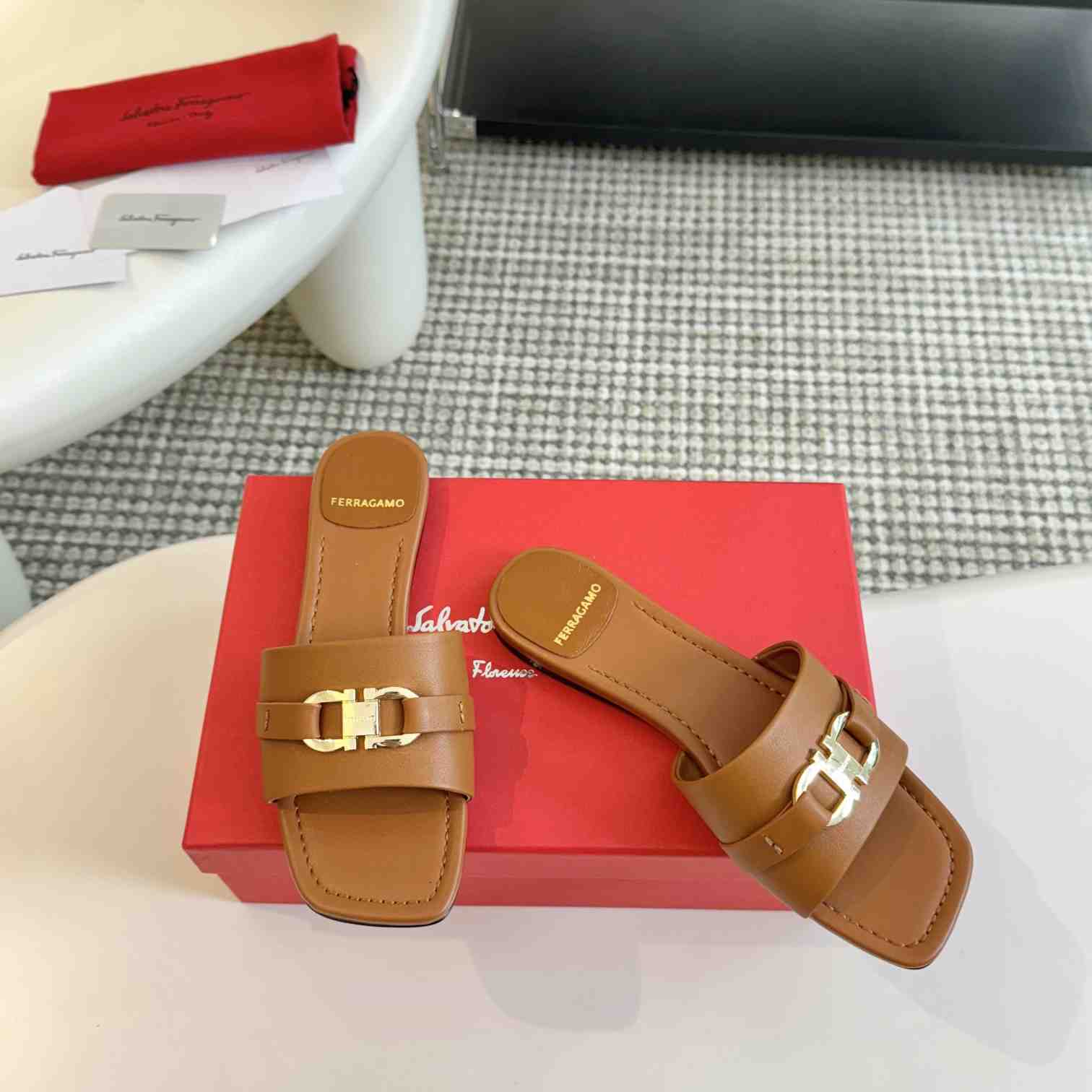 Ferragamo Women's Brown Flat Slide With Gancini Ornament - DopestKickz